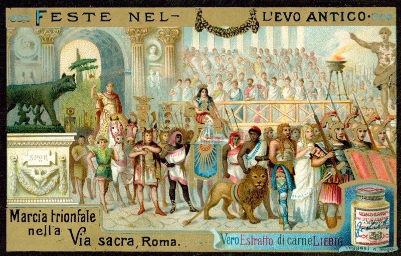 Diadalmenet a Via Sacra mentén, Róma (chromolitho) alkotó: European School
