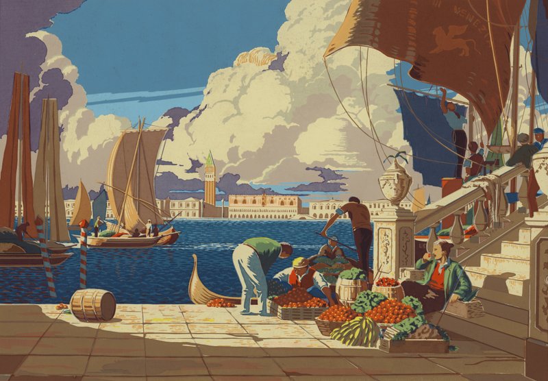 Velence, a lagúnán át a San Marco felé (színes litográfia) alkotó: European School