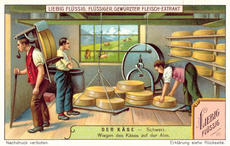 Svájci sajtok mérése egy alpesi tejüzemben (chromolitho) alkotó: European School