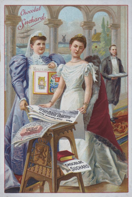 Nő újsággal, Suchard csokoládé (chromolitho) hirdetése alkotó: European School