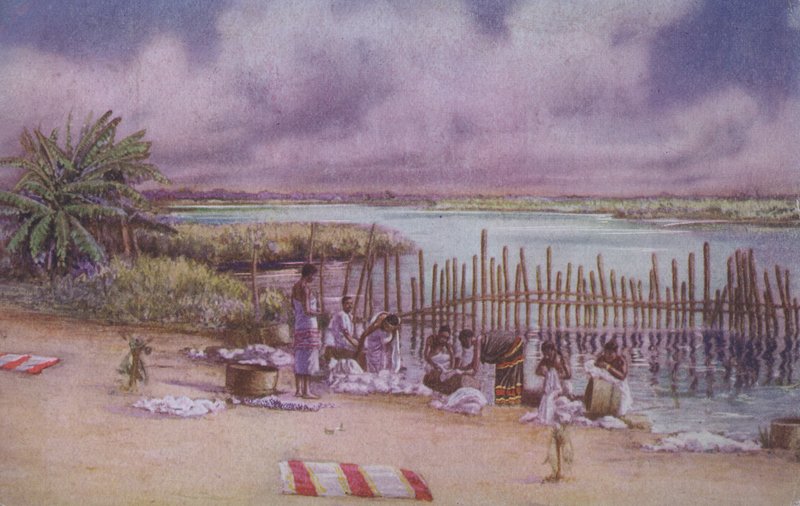 Nők mosnak ruhát a folyóban, Észak-Afrika (színes lithó) alkotó: European School