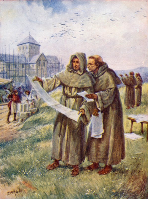 Apátság építése (színes litó) alkotó: Evelyn Stuart Hardy