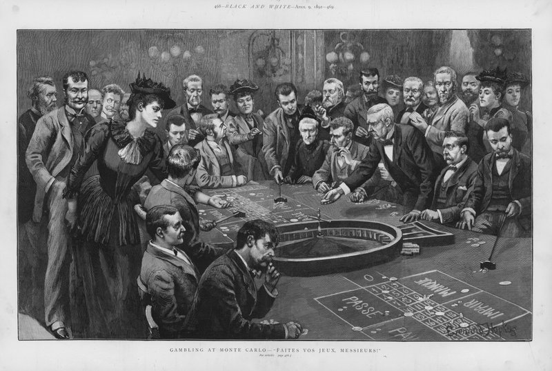 Szerencsejáték rulettasztalnál Monte Carlo kaszinójában, Monacóban (litho) alkotó: Everard Hopkins