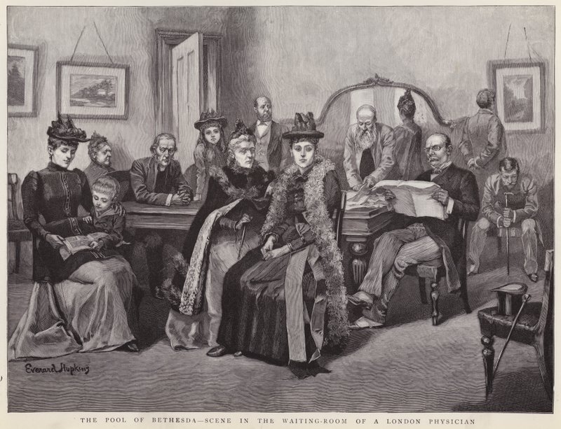 A Bethesda medence – jelenet egy londoni orvos várótermében (litho) alkotó: Everard Hopkins