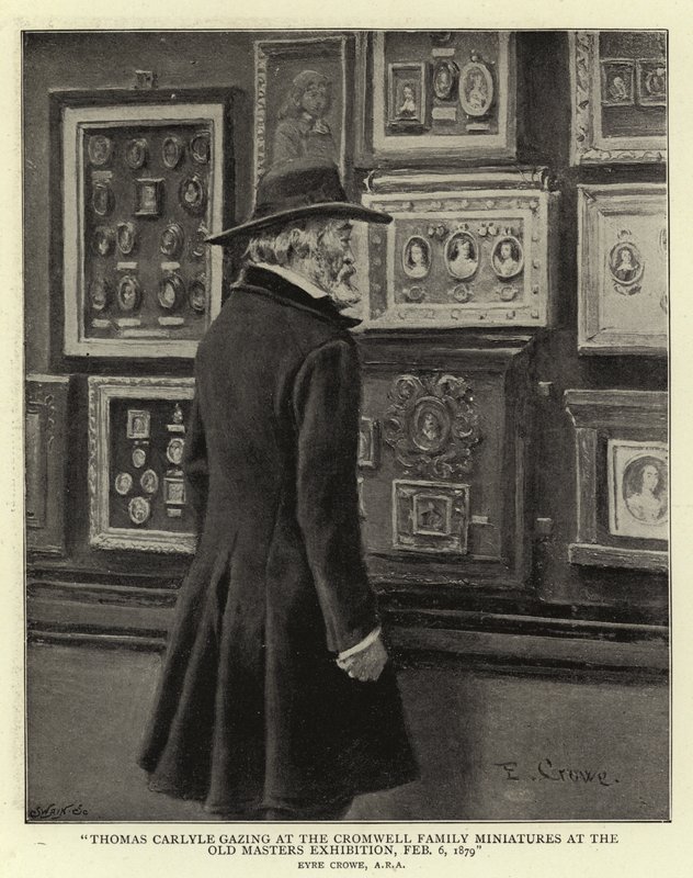 Thomas Carlyle a Cromwell család miniatúráit nézegeti a Régi Mesterek kiállításon, 1879. február 6. alkotó: Eyre Crowe