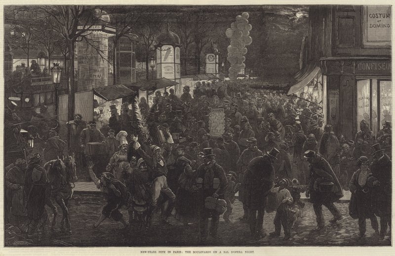 Újévi ünnepség Párizsban, a Boulevards egy Bal d