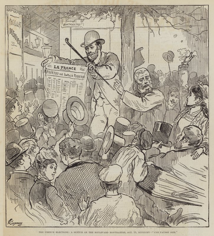 A francia választások, vázlat a Boulevard Montmartre-ról, október 15., éjfél, Une Fausse Joie alkotó: Felix Regamey