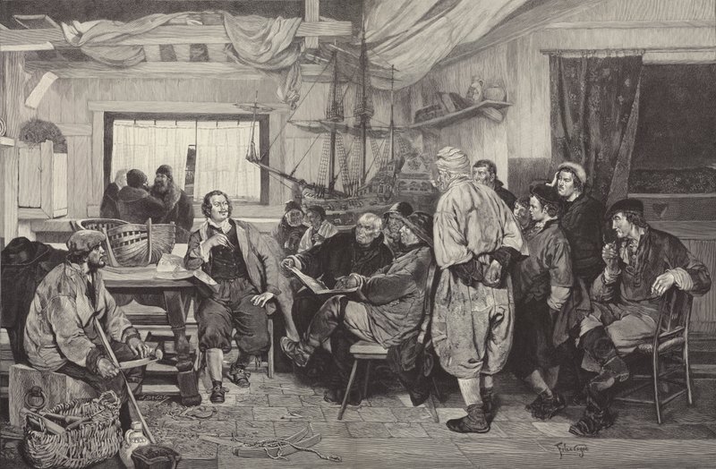 Nagy Pétert a hajóépítés művészetére tanítják Hollandiában 1697-ben (metszet) alkotó: Felix Cogen