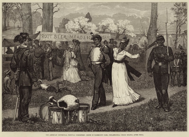Az Amerikai Centenáriumi Fesztivál kiállítása, jelenet a Fairmount Parkban, Philadelphia, Negro Milícia a gyakorlat után alkotó: Felix Regamey