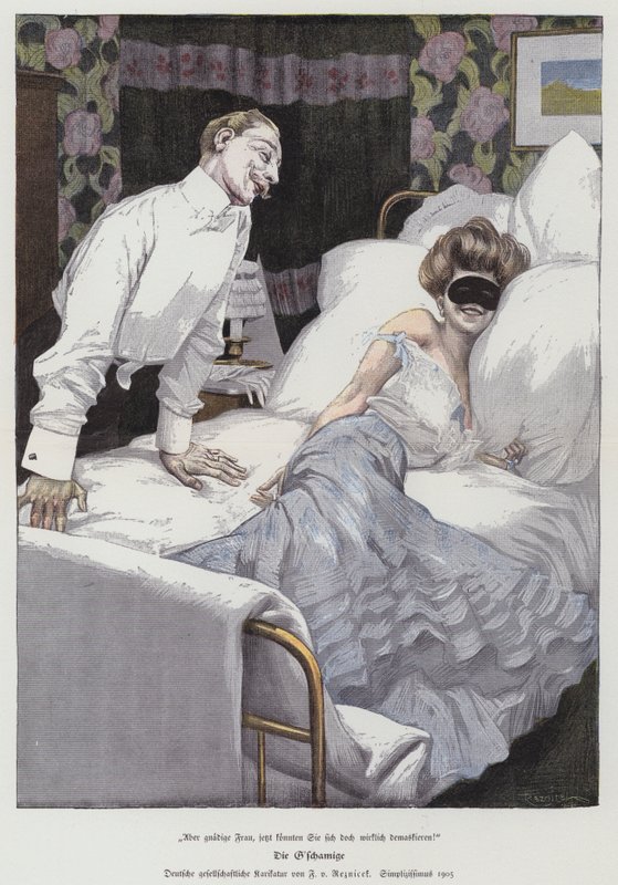Férfi egy álarcos nővel beszélget az ágyban, 1905 alkotó: Ferdinand von Reznicek