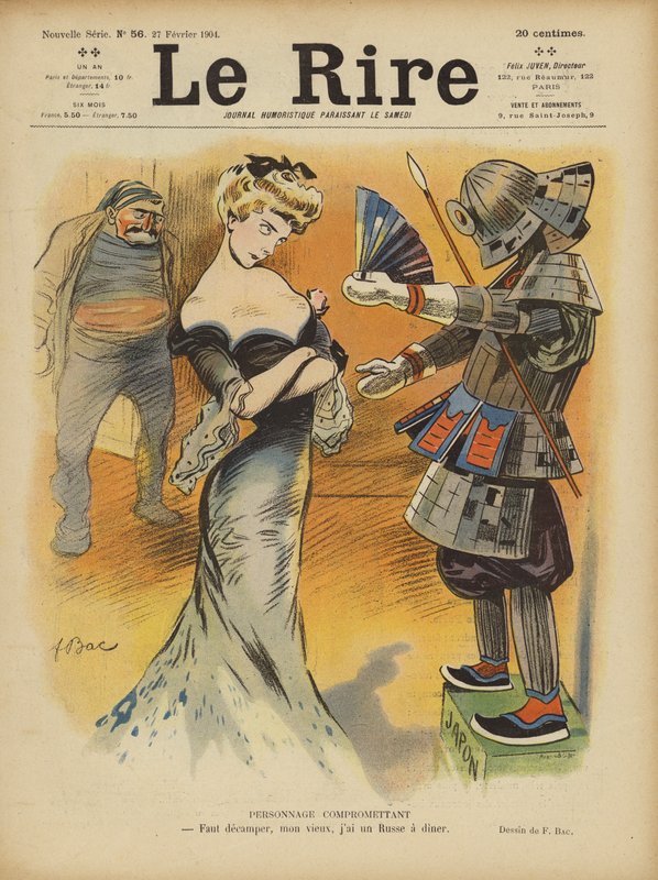 Szatíra Franciaország Japánnal való kapcsolatáról, mivel a feszültség fokozódott a japánok és a francia (színes litho) között alkotó: Ferdinand Sigismund Bac