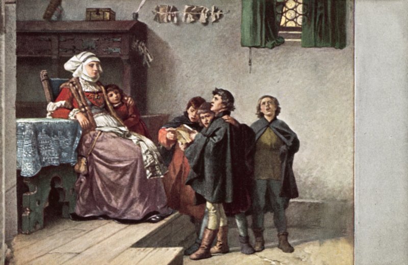 Luther Márton énekelt Frau Cottának, amikor diák volt a németországi Eisenachban, 1499 alkotó: Ferdinand Wilhelm Pauwels