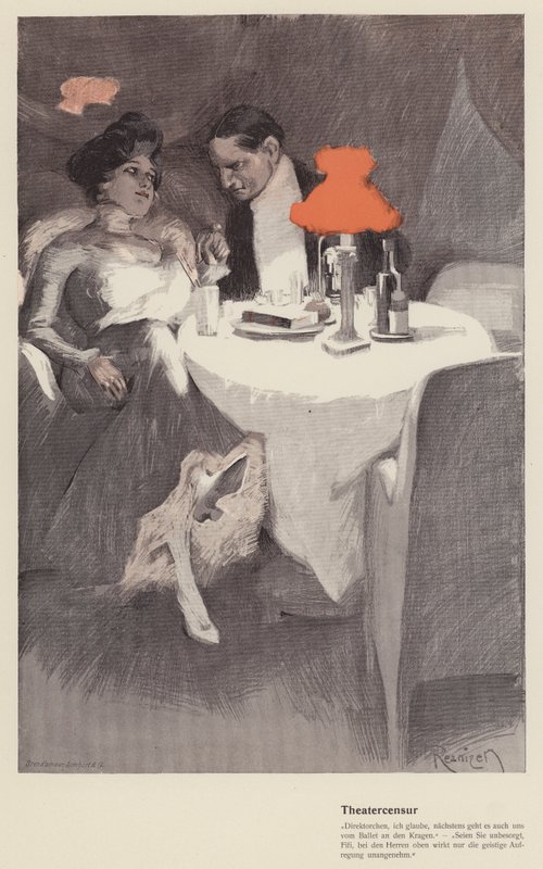 Színházi rendező és színésznő beszélgetése a kávézóban (színes litho) alkotó: Ferdinand von Reznicek
