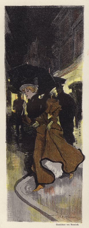 Esős utcán sétáló nő éjjel (színes litó) alkotó: Ferdinand von Reznicek