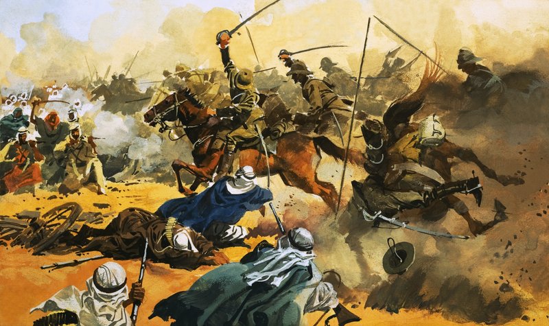 A 21. Lancerek vezetik az Omdurman arab erődítmény elleni csatát 1897-ben. alkotó: Ferdinando Tacconi