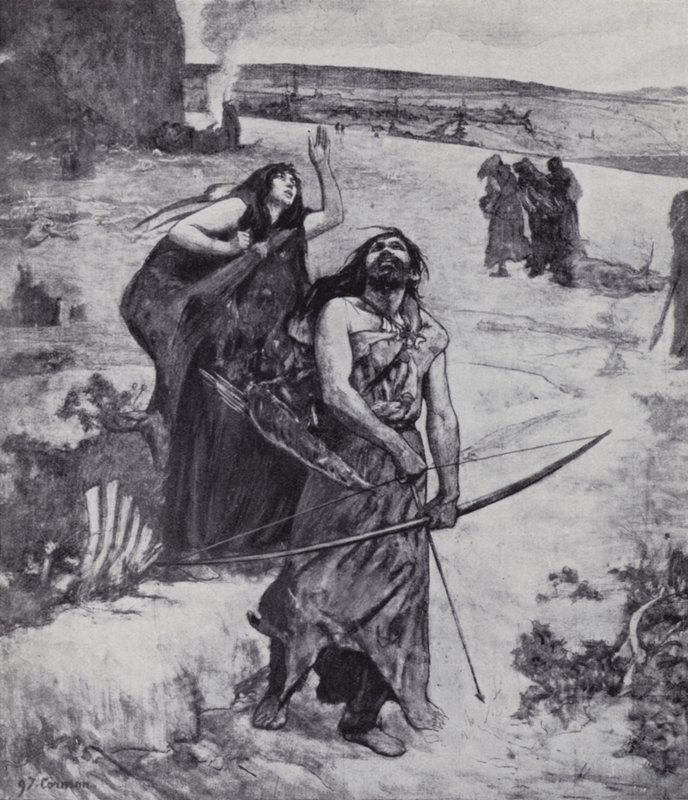 Jégkorszaki ember íjjal és nyíllal vadászni tanul (litho) alkotó: Fernand (after) Cormon
