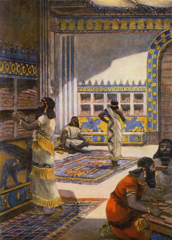 Ashur-bani-pal király híres könyvtára Ninivében (színes litográfia) alkotó: Fernand Le Quesne
