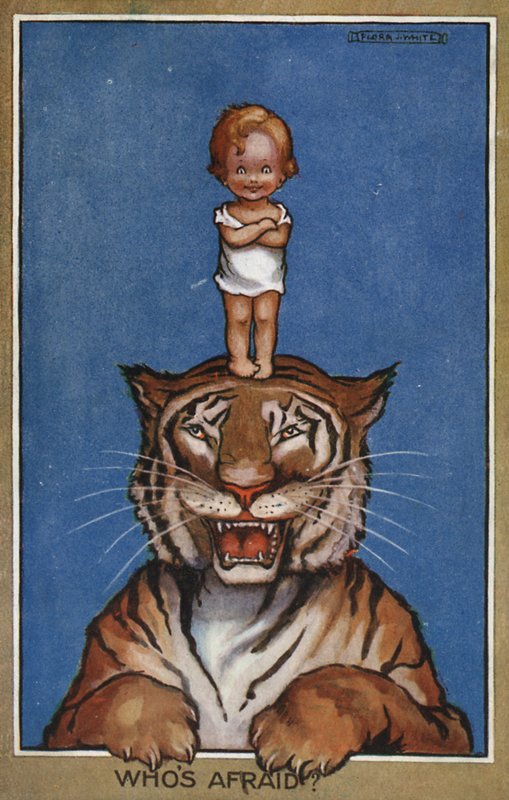 Tigris fején álló baba (színes litográfia) alkotó: Flora White