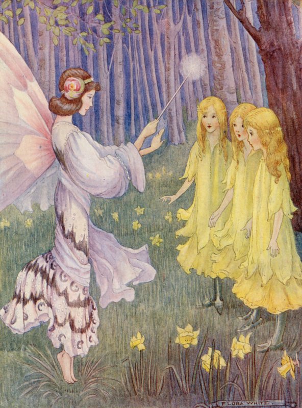 A nárciszok helyén három magas, csinos leány állt (színes litográfia). alkotó: Flora White