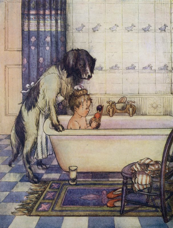 Nana füröszti az egyik kis Darlingot (színes litográfia) alkotó: Flora White