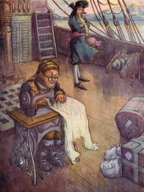 Smee, a Bosun a varrógépénél (színes litográfia) alkotó: Flora White