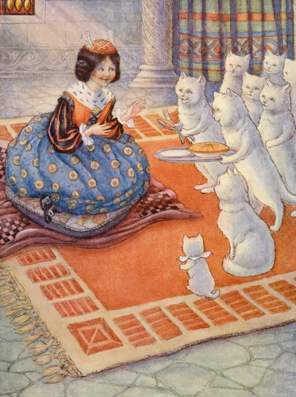A macskák egérpástétomot hoztak a hercegnőnek (színes litográfia) alkotó: Flora White