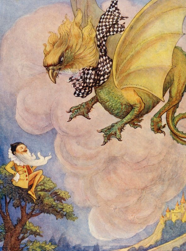 A griff egy kis sárga embert látott egy fa tetején ülni (színes litográfia). alkotó: Flora White