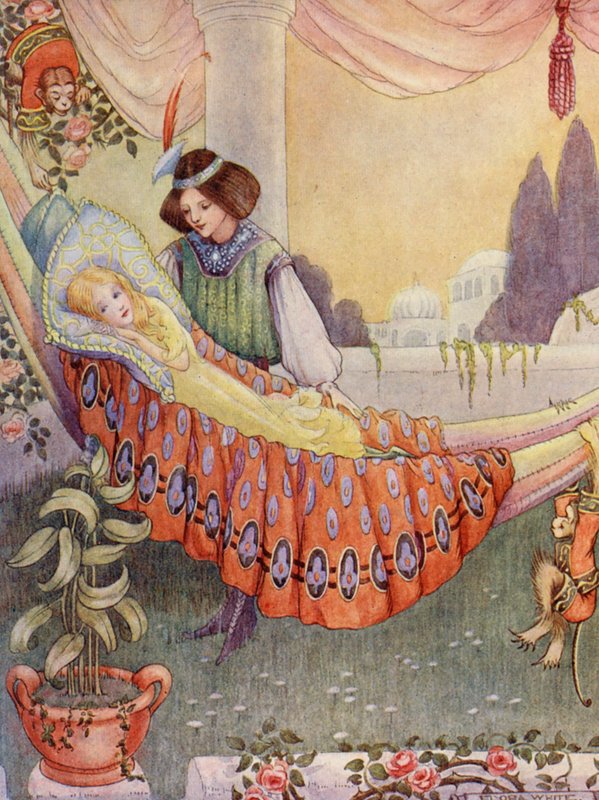 A hercegnő függőágyba fektette a leányokat (színes litográfia) alkotó: Flora White