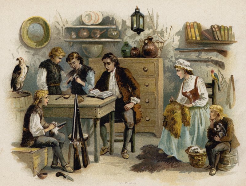 Jelenet A svájci Robinson családból: Apa felolvas a családnak a Rock Castle-ben (chromolitho) alkotó: Florence Maplestone