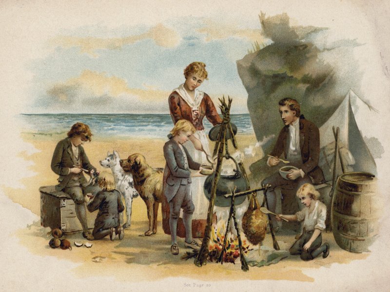 Jelenet a Svájci Robinson családból: vacsora az első expedíció után (chromolitho) alkotó: Florence Maplestone