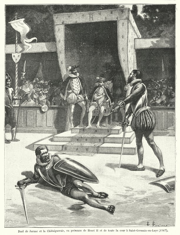 Párbaj Guy Cabot de Jarnac és Francois de Vivonne, Seigneur de la Chataigneraie között II. Henrik francia király és egész udvara előtt St Germain-en-Laye-ben alkotó: Fortune Louis Meaulle