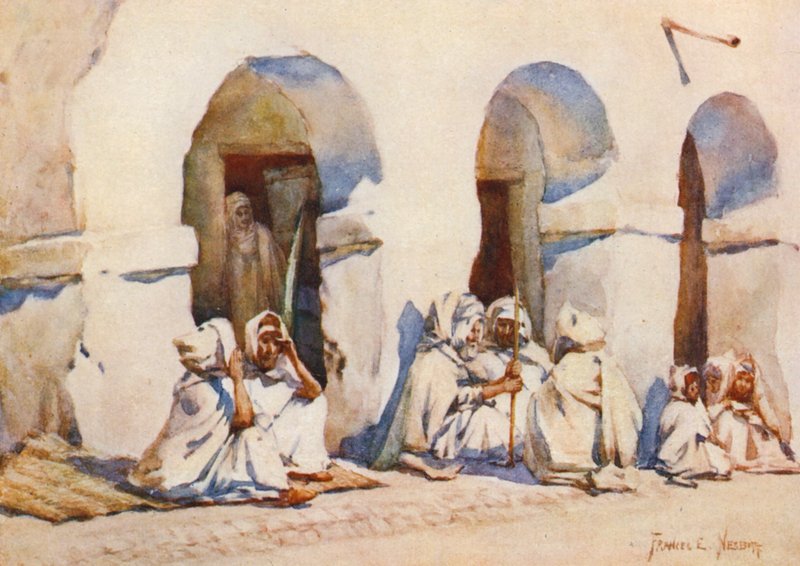 A piactéren, Biskra (színes litográfia) alkotó: Frances Nesbitt