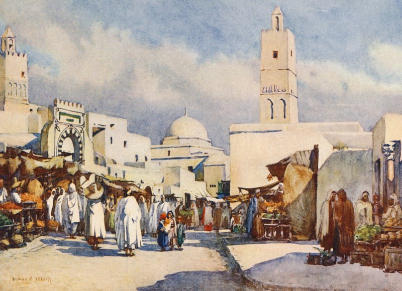 La Grande Rue, Kairouan (színes litográfia) alkotó: Frances Nesbitt