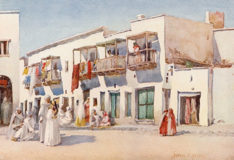 A táncoslányok utcája, Biskra (színes litográfia) alkotó: Frances Nesbitt