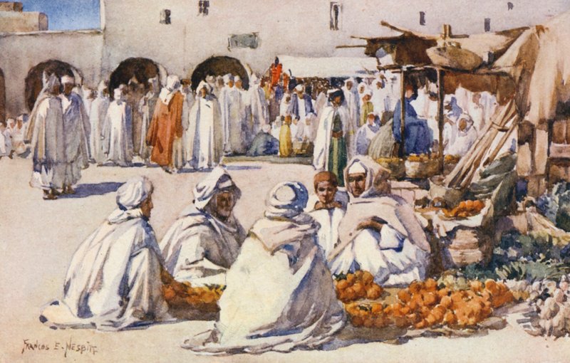 A gyümölcspiac, Biskra (színes litográfia) alkotó: Frances Nesbitt