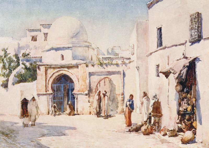 A Tourbet el Bey utca Zaouia-ja, Tunisz (színes litográfia) alkotó: Frances Nesbitt
