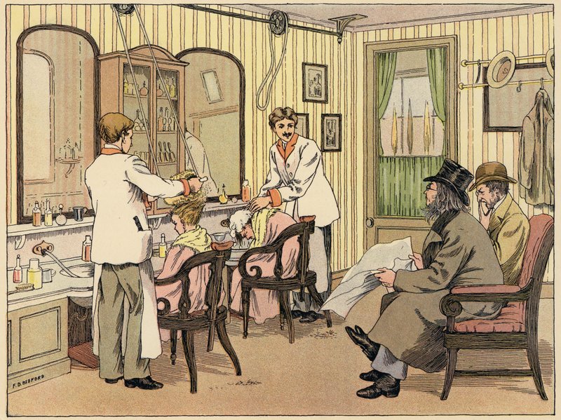 Bedford üzletek könyve: Hajvágó (színes litográfia) alkotó: Francis Donkin Bedford