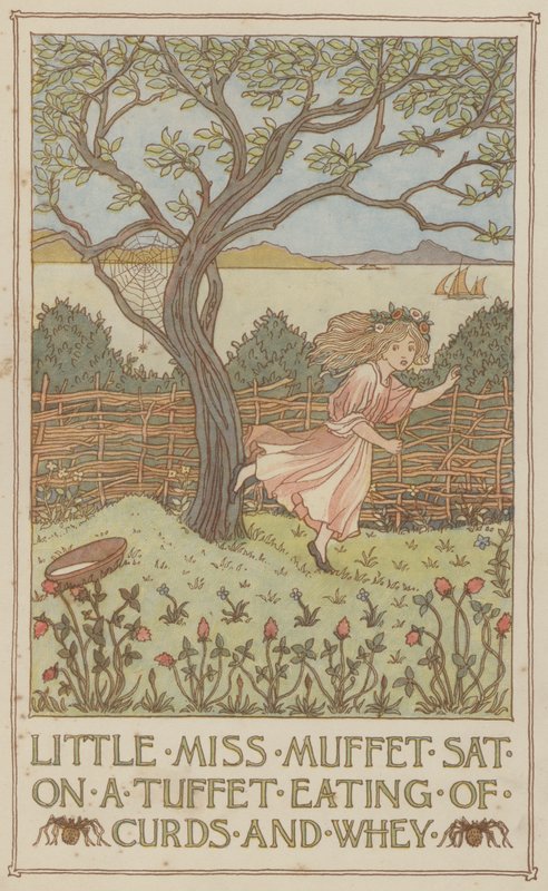 A kis Miss Muffet egy tufán ülve túrót és savót eszik (színes litográfia) alkotó: Francis Donkin Bedford
