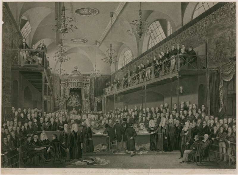 Interior of the House of Lords, Westminster, London, during the important investigation in 1820  alkotó: Francis Phillip Stephanoff