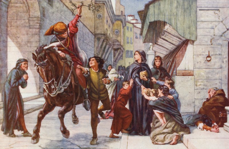 A megkönnyebbülés hírét hozzák Firenzébe (színes litográfia) alkotó: Francis William (after) Topham