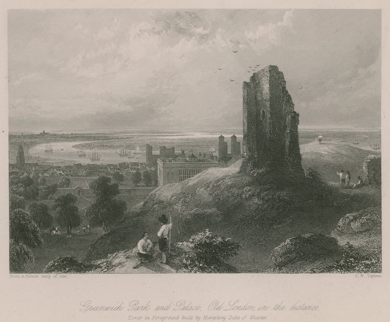 Greenwich Park és a palota, a távolban a régi London alkotó: Francis William Topham