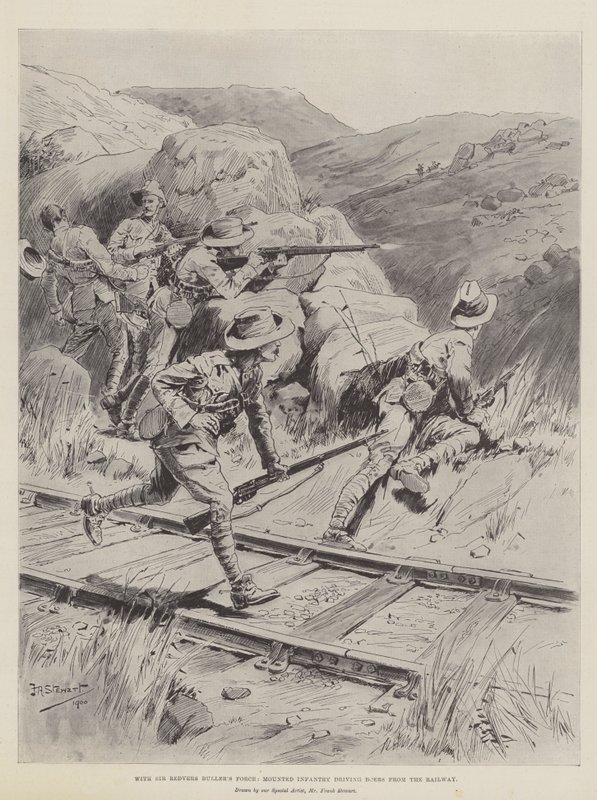 Sir Redvers Buller Erővel, lovas gyalogsággal, amely búrokat hajt a vasútról alkotó: Frank Algenon Stewart