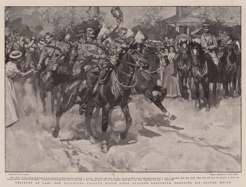 Végre felszabadult az önkéntes lovasság, amely először érte el Ladysmith-t, Sir George White-ot éltetve. alkotó: Frank Craig