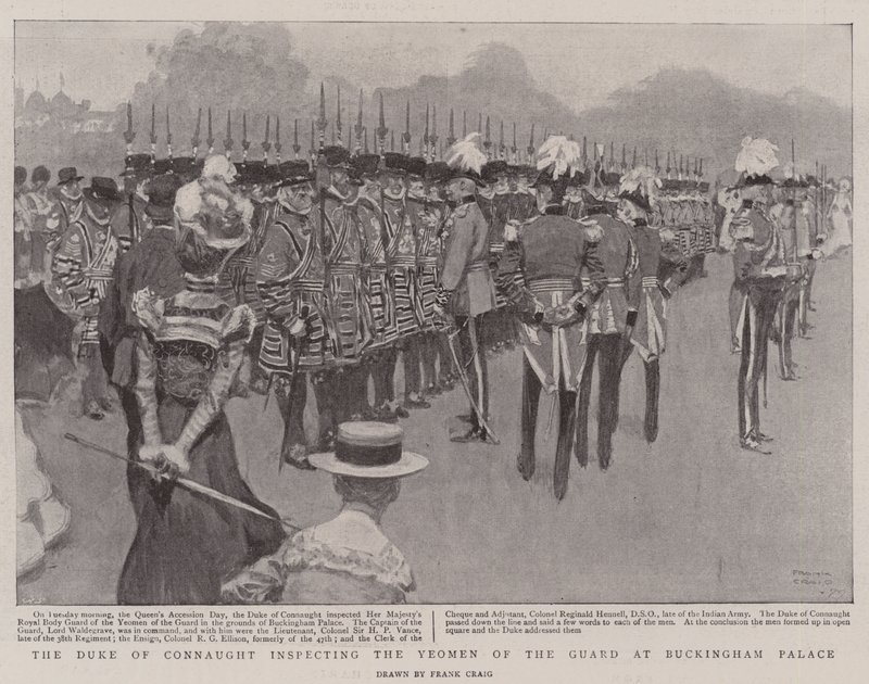 Connaught hercege a Buckingham-palotában megvizsgálja a gárda Yeomenjét alkotó: Frank Craig