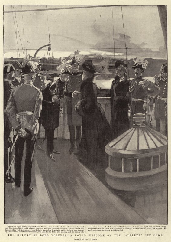 Lord Roberts visszatérése, királyi üdvözlet a Cowes-i Albertán alkotó: Frank Craig