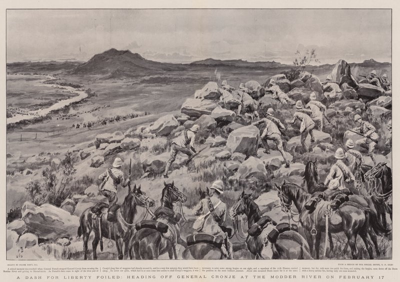 A Dash for Liberty meghiúsult, február 17-én Cronje tábornok felé tartott a Modder folyónál. alkotó: Frank Dadd