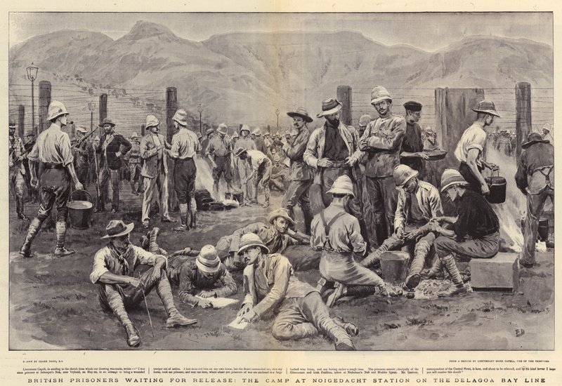 Szabadulásra váró brit foglyok, a Delagoa-öböl vonal Noigedacht állomásán lévő táborban alkotó: Frank Dadd