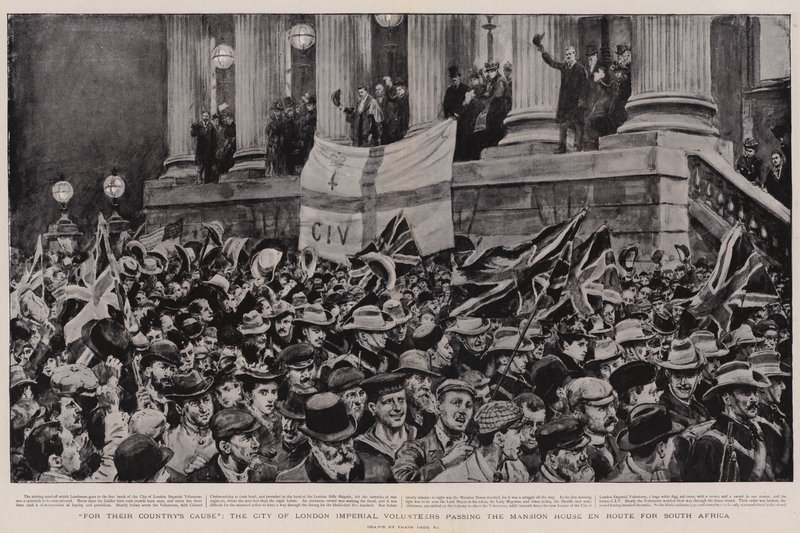 Hazájuk ügyéért, a londoni város birodalmi önkéntesei a Mansion House mellett haladnak el Dél-Afrikába alkotó: Frank Dadd