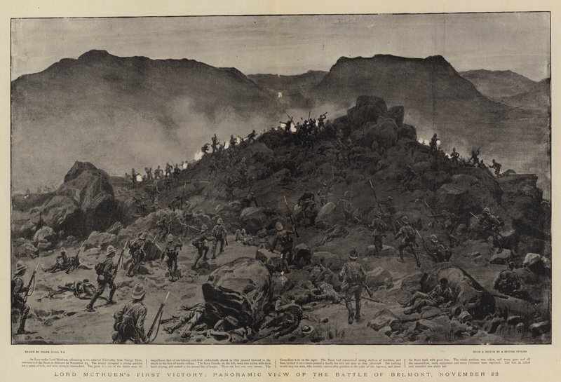 Lord Methuen első győzelme, a belmonti csata panorámaképe, november 28. alkotó: Frank Dadd