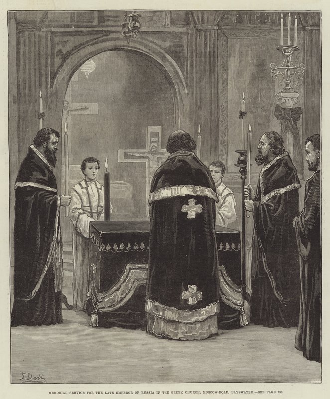 A néhai orosz császár emlékünnepsége a görög templomban, Moszkva út, Bayswater alkotó: Frank Dadd